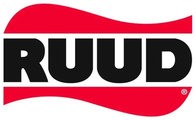 The Ruud logo featuring bold, black, sans-serif text on a white background between two horizontal, wavy red bands.